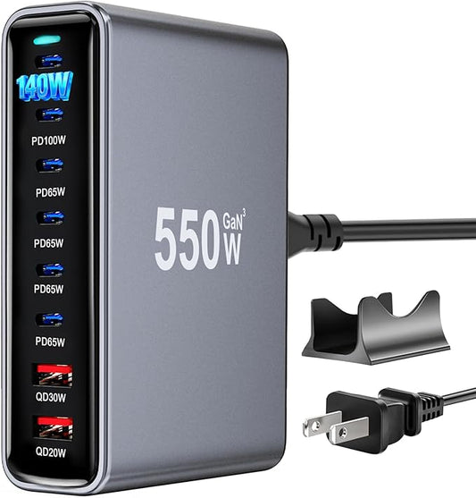 550W USB C Fast Charger Block, PD3.1 140W 8 Port USB Charging Station, GaN Ⅲ Pro PD PPS Fast Charging Station for Multiple Devices,Laptop Wall Charger Compatible with iPhone 17/iPad/MacBook etc