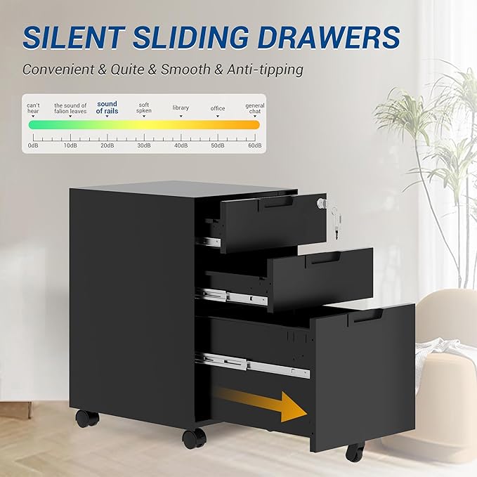 Fesbos 3 Drawer Vertical File Cabinet, Mobile Filling Cabinets with Lock for Legal/Letter Size, Pre-Built Office Storage File Cabinet with Wheels Under Desk - Fully Assembled