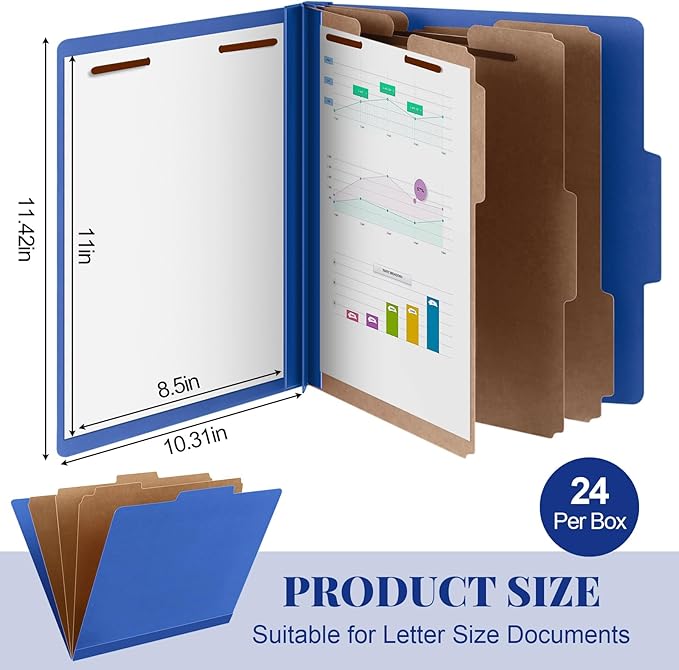 Skyygemm 24 Pcs Classification Folders Letter Size, 3 Divider Pressboard File Folder with Fasteners, Expanding File Organizer Bulk for School Teachers, Office Employee, Coworker, Staff (Dark Blue)
