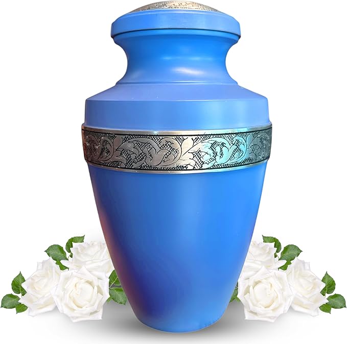 Modern Memorials Cremation Urn for Ashes - Large Urn for Man & Women - 200 Cubic Inches - Includes Velvet Storage Bag - Sky Blue with Silver Band