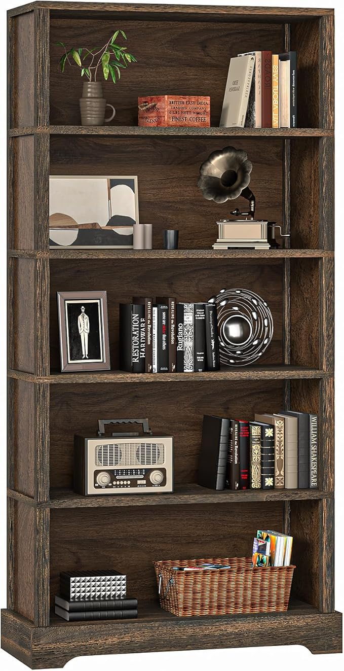 TVU 5-Tier Solid Wood Book Shelf, Floor Standing Bookcase, 65" H × 31.5" W × 11.8" D Bookshelf, Farmhouse Style Book Case with Arched Base, Suitable for Living Room, Study, Office, Rustic Brown