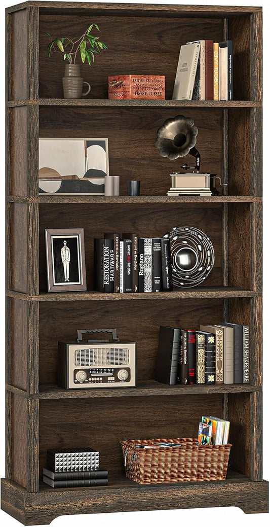 TVU 5-Tier Solid Wood Book Shelf, Floor Standing Bookcase, 65" H × 31.5" W × 11.8" D Bookshelf, Farmhouse Style Book Case with Arched Base, Suitable for Living Room, Study, Office, Rustic Brown