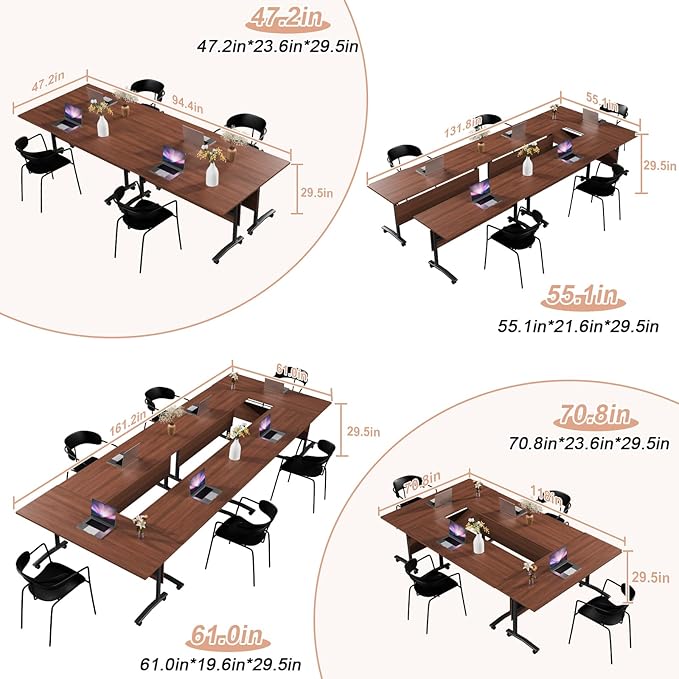 Conference Table Flip Top Mobile Conference Room Tables,Folding Conference Table with Wheels,Large Meeting Training Seminar Table Saving Space for Office Classroom(12D,70.8'')