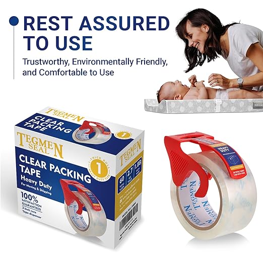 TegmenSeal Heavy Duty Clear Packing Tape with Dispenser Combo for Shipping, Moving & Storage,Thicker Clear Packing Tape,1.88 inches Wide, 60 Yards Per Roll, 60 Total Yards