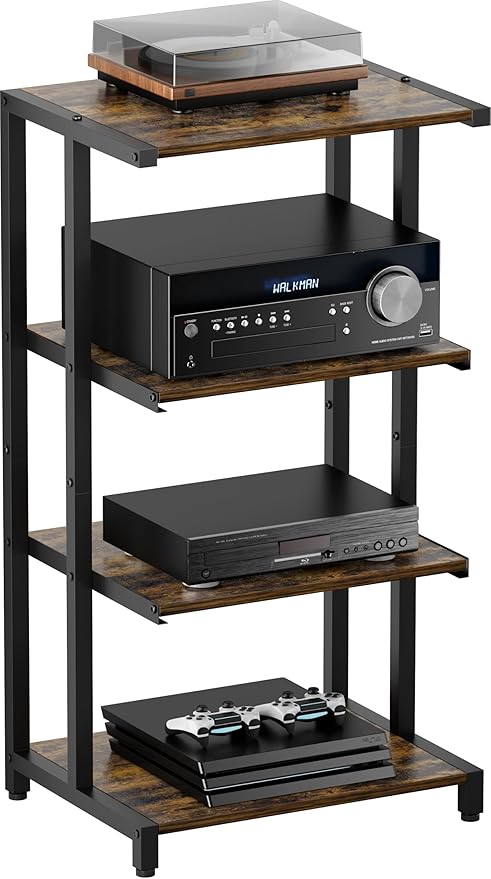 Ardier 4-Tier Wooden Media Stand, AV Media Stand Corner Shelf for TV Accessories/Audiovisual Equipment/Optical Disc/PS4, Audio Storage Rack for Living Room, Gaming Room, Music Studio, Black