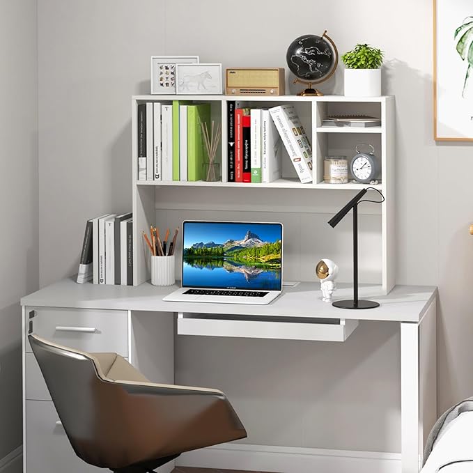 Tangkula Desktop Bookshelf, Countertop Storage Hutch with 4 Shelves for Computer Desk, Desktop 2-Tier Display Rack, Multipurpose Wood Desktop Hutch Storage Organizer for Dorm Office Home (White)