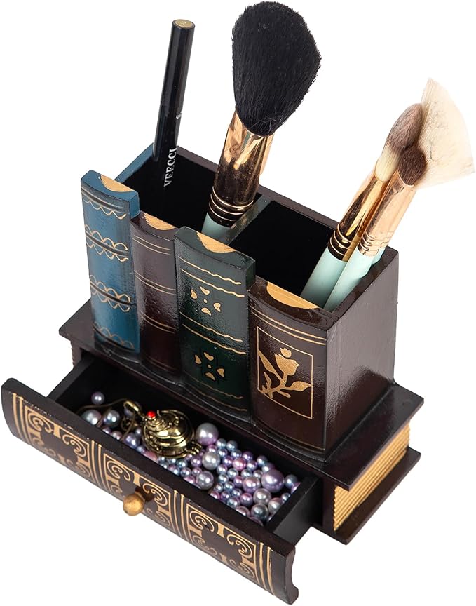 VERGOODR Decorative Pencil and Pen Holder with Storage Drawer, Wooden Desk Organizer Caddy, Antique Library Books Design Pen Cup for Office Supplies, Countertop, Desk,Table (Red)