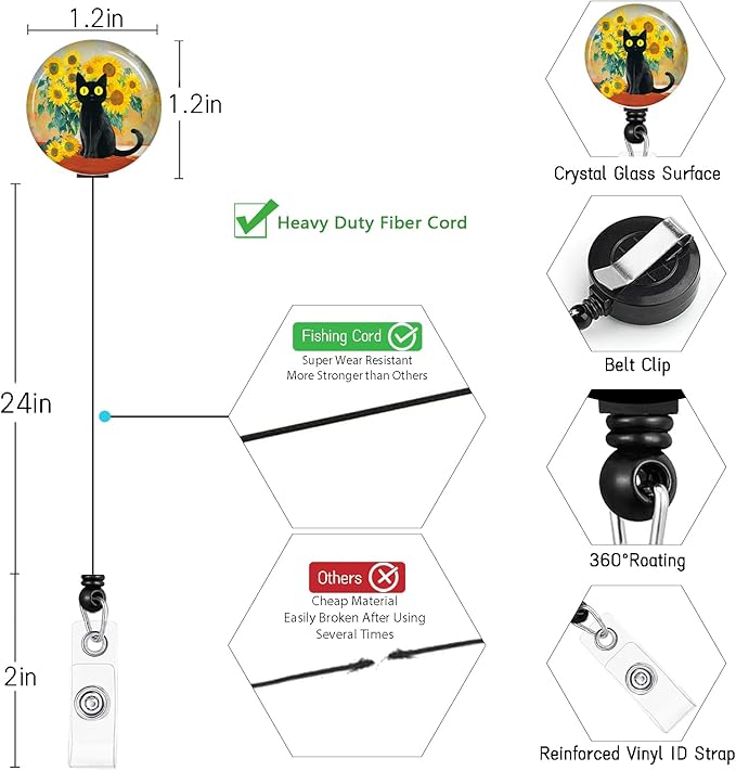 Black Cat Lanyards for ID Badges, Badge Holder with Lanyard Detachable, Badge Reel Retractable Keychain Clip, Vertical Cruise Ship Cards Holder Protector Name Tags, Teacher Nurse Office Women Gifts