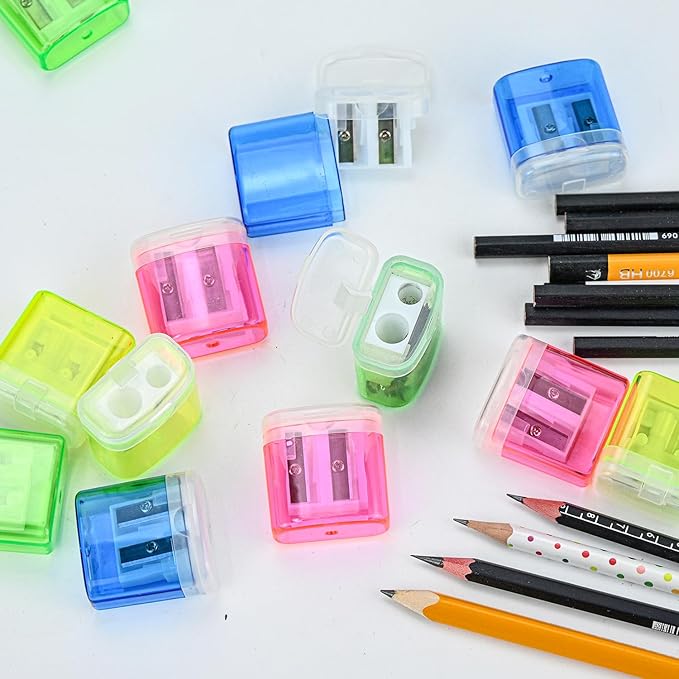 AUSTARK 24Pcs Pencil Sharpener Manual, Assorted Color Small Dual Hole Pencil Sharpeners Bulk with Lid with Lid for School Office Home (Rectangle-24)