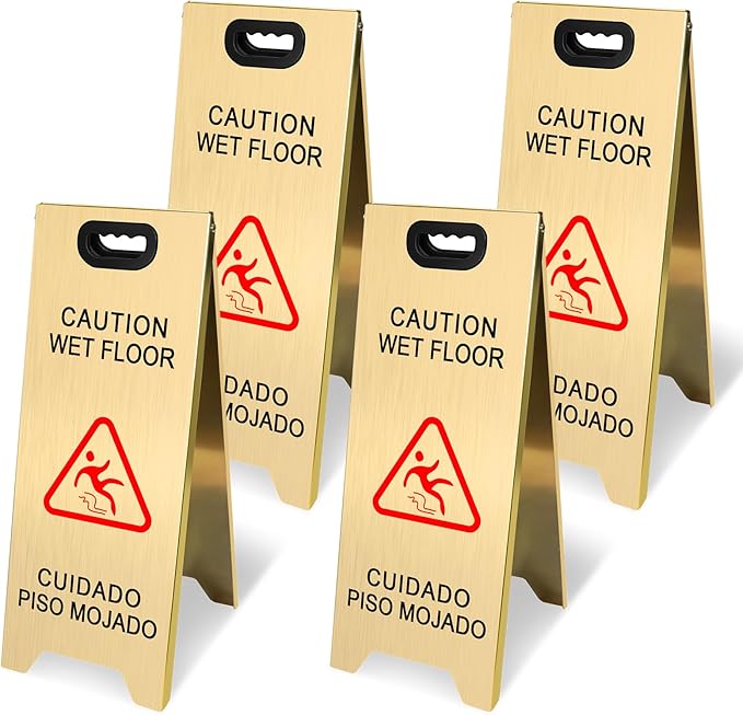 Kerty 4 Pack Stainless Steel Wet Floor Sign, 24 Inch Caution Wet Floor Sign Portable Foldable Bilingual Safety Warning for Hotel Market Restroom Restaurant Office (Gold)