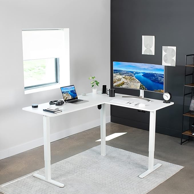 VIVO Electric Corner 63 x 55 inch L-Shaped Standing Desk, Memory Height Adjustment, White Top White Frame, DESK-E3CTW