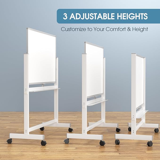 MaxGear Rolling Whiteboard, 48 x 32 Inch Double-Sided Magnetic Dry Erase Board on Wheels, Height Adjustable Mobile Whiteboard with Locking Casters for Office, Classroom, Home