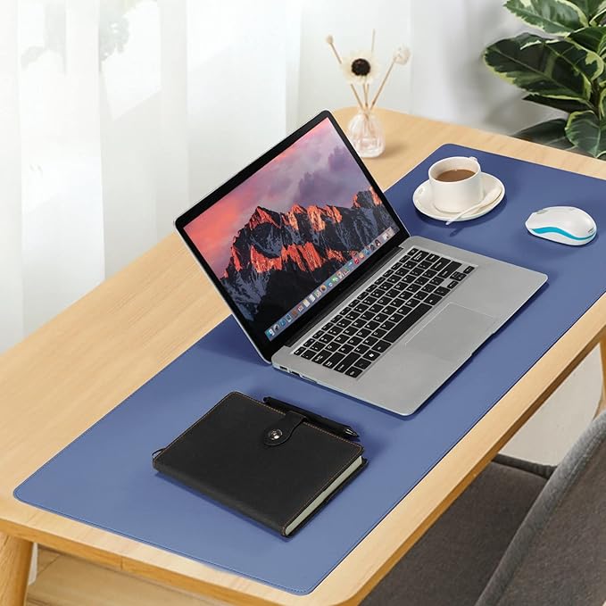 Wolaile Faux Leather Desk Pad Blotter,Water and Slip Resistant Writing Desk Protector Mat,Blue Large Mouse Pad for Desktop/Office Home Table Cover,36x17 in