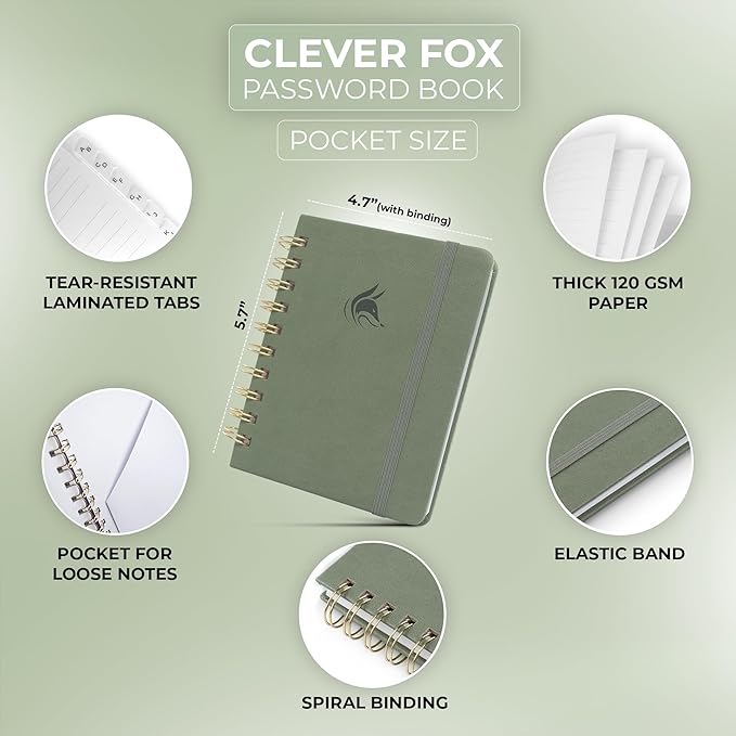 Clever Fox Password Book Spiral – Mini Internet Address & Password Organizer with Laminated Alphabetical Tabs – Small Password Keeper Journal – Hardcover, Pocket Size, 4.7x5.7” (Cypress)