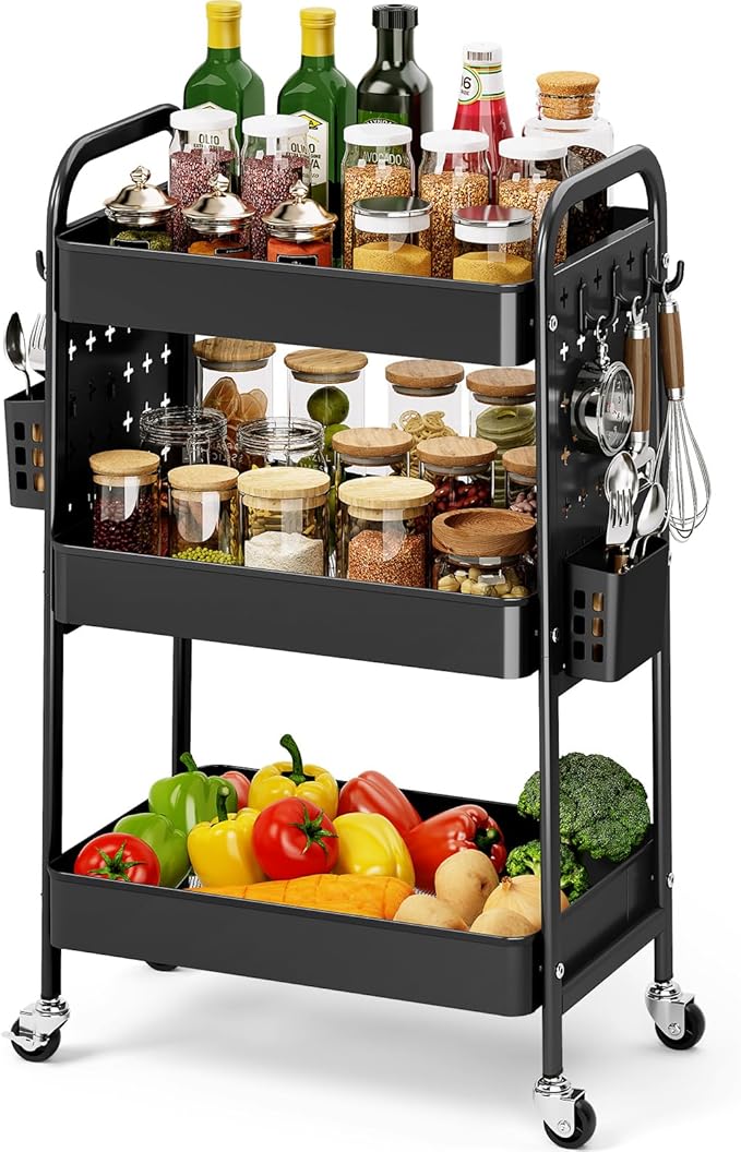 KINGRACK 3 Tier Rolling Cart with DIY Hanging Board, Metal Rolling Utility Cart with Wheels Handles Baskets Hooks, Rolling Storage Cart Suitable for Bathroom, Kitchen, Office, Nursery Diaper (Black)