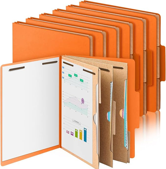 12 Pcs Classification Folders Letter Size 3 Pocket Dividers Employee File Folder with 2 Prongs Fasteners, 2 in Expansion Heavy Duty Pressboard File Holder for School Office Medical Document(Orange)
