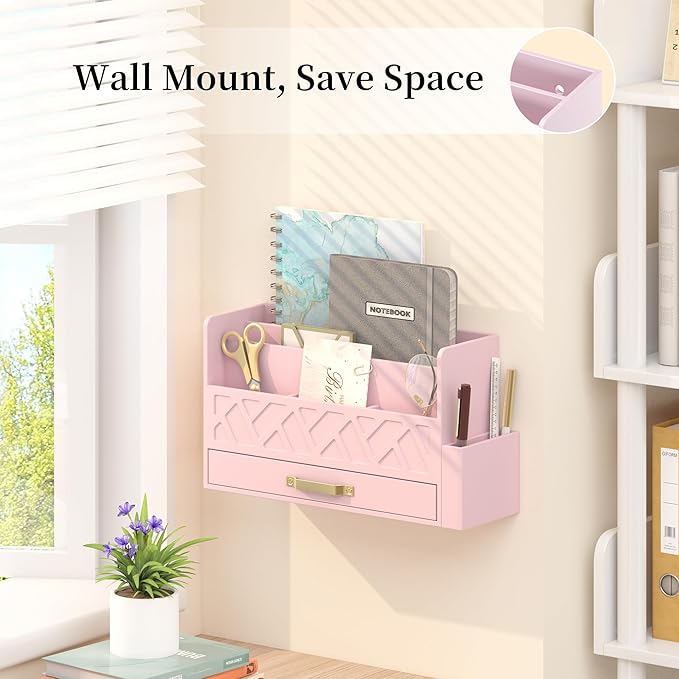 Wisuse Bamboo Desk Mail Organizer with Drawer,Wooden File Bill Sorter Storage Box for Desktop, Letter Countertop Holder for Home,Office,School Organization,Tabletop Accessories Supplies (Pink)