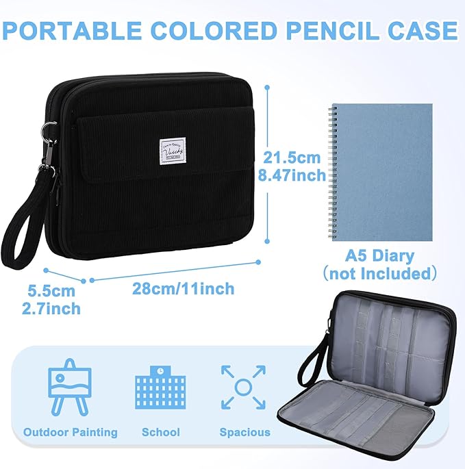 VASCHY Colored Pencil Case, Corduroy Large Pencil Pouch for Art Pens Markers Gel Pens Big Holder Organizer Fits 192 Pencils for Girls Women Black
