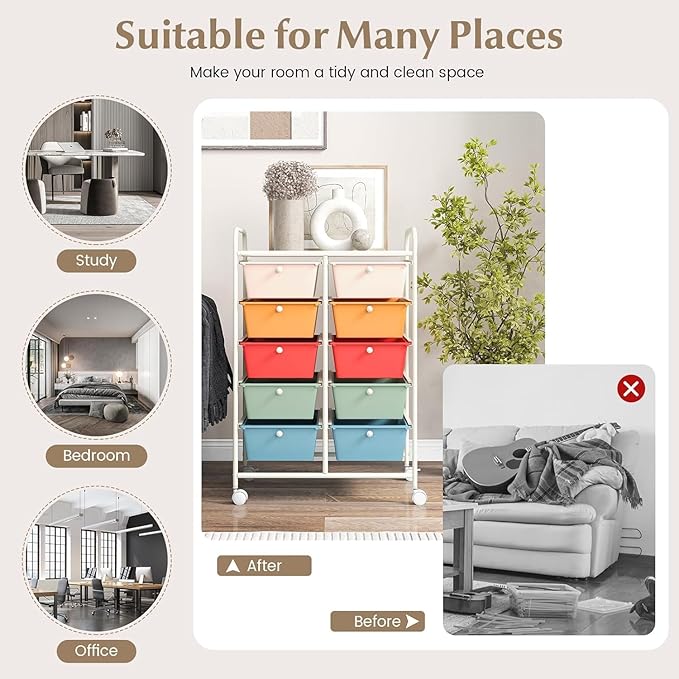 LDAILY 10 Drawer Rolling Cart, Storage Cart Organizer on Wheels, Drawer Cart with Metal Frame & Large Storage Capacity, Rolling Cart with Drawers for Living Room Classroom, Office