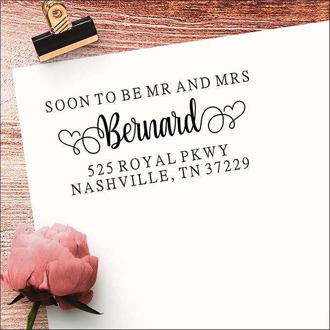 PrettySweetParty Self Inking Return Address Stamp - Custom 4 Line Personalized Address Stamp for Envelopes, Wedding Invitations, Business, Mailing Labels (Halpert Heart Tails)