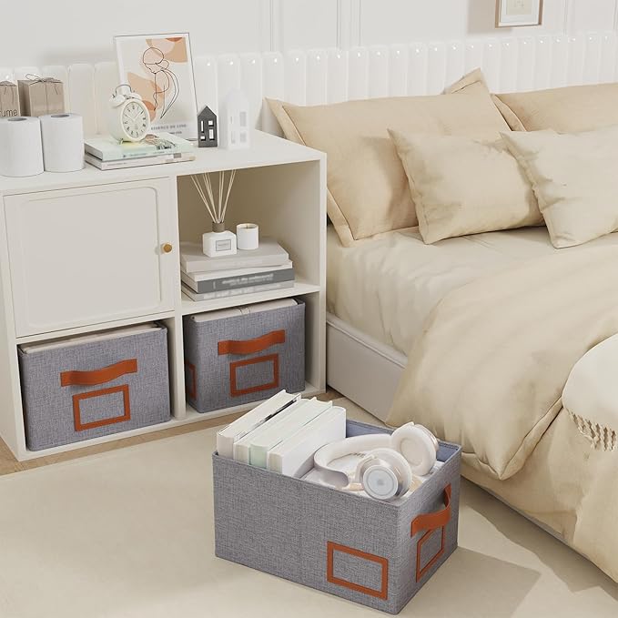OUTBROS Foldable Storage Box for Shelves, 15.7 x 11.8 x 7.9 inch Fabric Baskets, Wardrobe Organiser with Handles, Suitable for Storing Clothes, Books, Cosmetics (Gray, 3-Pack)