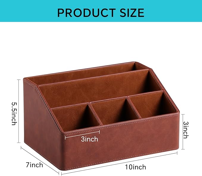 Cretkhp Remote Control Holder with 5 Compartments for Office Art Supplies, PU Leather Nightstand Organizer Pencil Pen Desk Caddy for Home, Desktop TV Remote Control Organizer Storage (Brown)