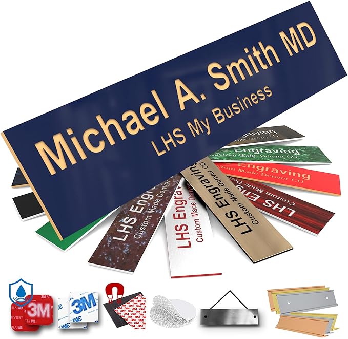 Engraved Custom Door Plate Navy Blue Plastic Office Door Sign with Gold Letters - Made in USA 2x10 B10