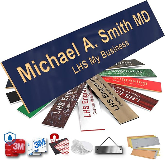 Engraved Custom Door Plate Navy Blue Plastic Office Door Sign with Gold Letters - Made in USA 2x6 B10
