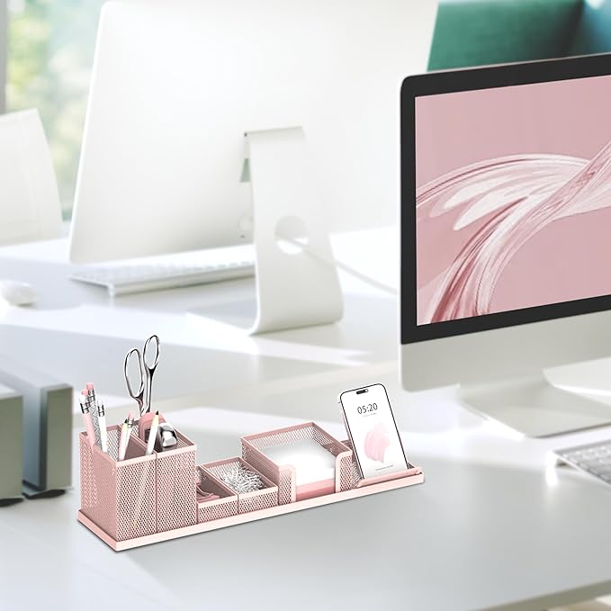 SUPEASY Pen Holder for Desk, 6 Piece Mesh Desk Organizer set for Office Organization with Mail Organizer, Letter Phone Holder, Sticky Notes Caddy Storage, Pink