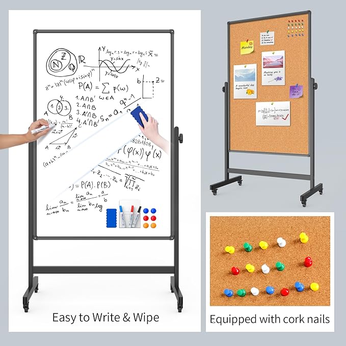Double-Sided Corkboard Whiteboard, 32 x 48 Inches Dry Erase Board on Wheels, Height Adjustable, Portable Freestanding Board for Office, Planning, and Presentations (Cork & Black)