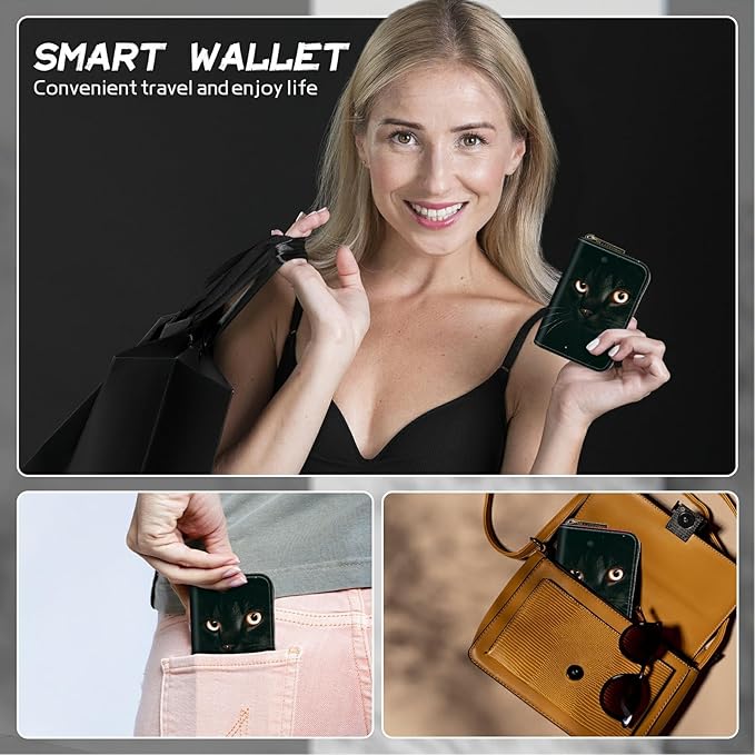 BWEGRHE Cute Credit Card Holder with Zipper, Black Cat Glitter RFID-Blocking Card Case Small Wallet for Women Men, Multi-slot Card Organizer Case Travel Accordion Wallet