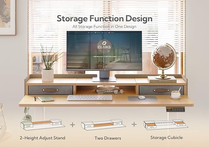 Claiks Standing Desk with Drawers, Adjustable Stand Up Electric Small Standing Desk Adjustable Height with Storage Shelf and Splice Board, 40 Inch, Natural
