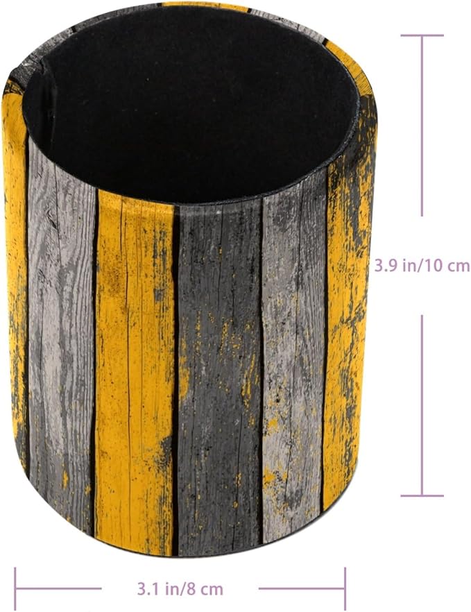 Leather Pen Holder for Desk Yellow Grey Gradient Wood Planks Pattern Pencil Cup Desktop Organizer Makeup Brush Holders Office Supplies for Home, Kids & School