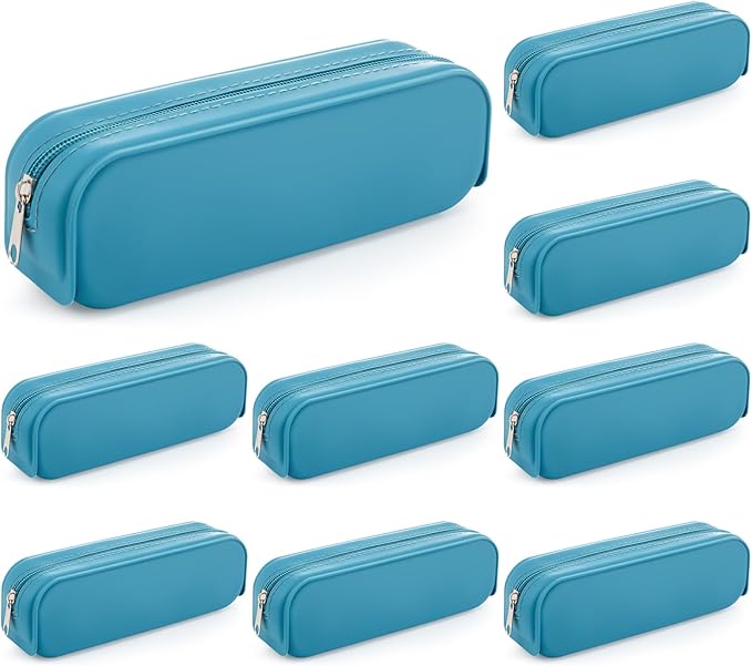 Feifeiya 8 Pcs Silicone Pencil Case Pen Zipper Pouch Bags Aesthetic Back to School Gifts Stationery Travel Toiletry Makeup Coin Organizer Waterproof Valentines Galentines Party Favors (Blue)