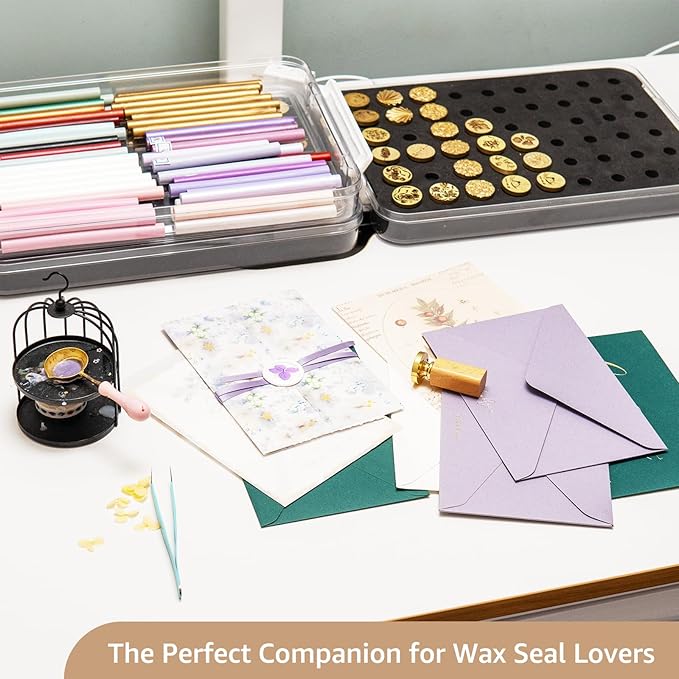 Nuvretk 54 Slot Wax Seal Stamp Head Storage Box - Clear Organizer with Double-Latch Lid, Stackable Design, EVA Foam Pad for Various Stamp Sizes