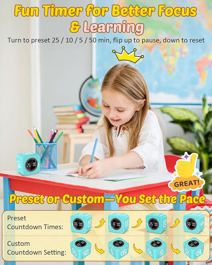 Digital Pomodoro Timer Cube 5/10/25/50min, Visual Productivity Flip Timer for Kids Classroom Desk, Custom Countdown, Silent and Sound Mode for ADHD Study Work Game Kitchen (Mint Green)
