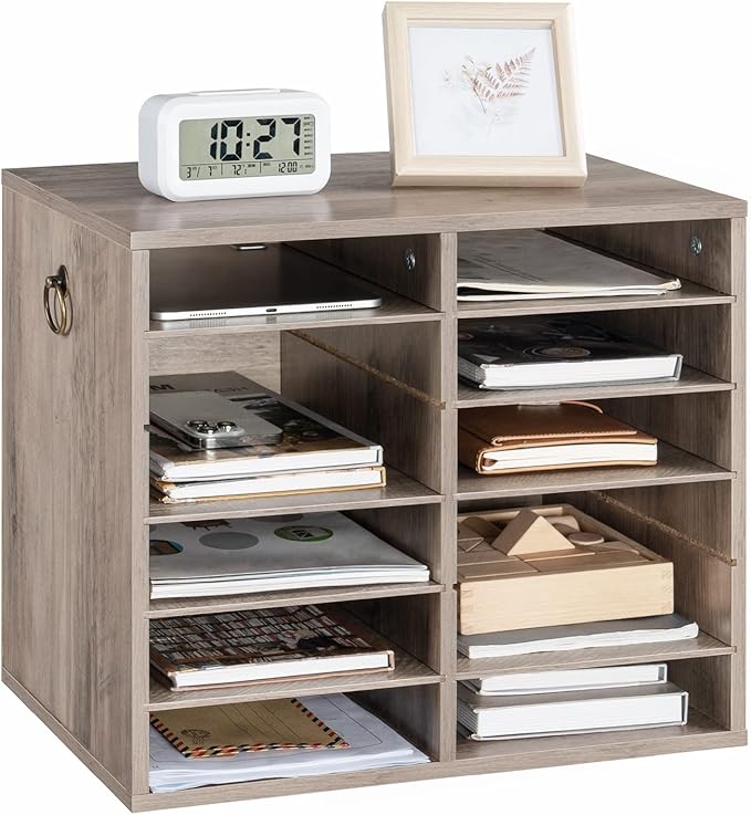 HOOBRO Literature Organizers, 12 Compartments Office Mailbox with Adjustable Shelves, Wood Countertop Literature Sorter for Office, Home, Classroom, Mailrooms Organization Greige BG12WF01