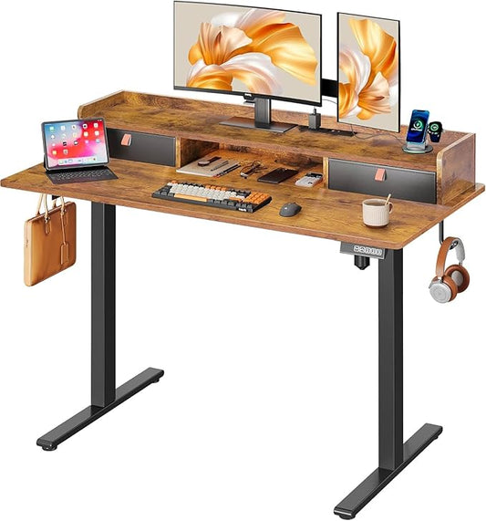 DEVAISE 48×24 Inches Electric Standing Desk with Drawers, Computer Desk with Adjustable Height, Storage Shelf, Built-in Power Outlets, Sit to Stand Desk for Home Office, Rustic Brown