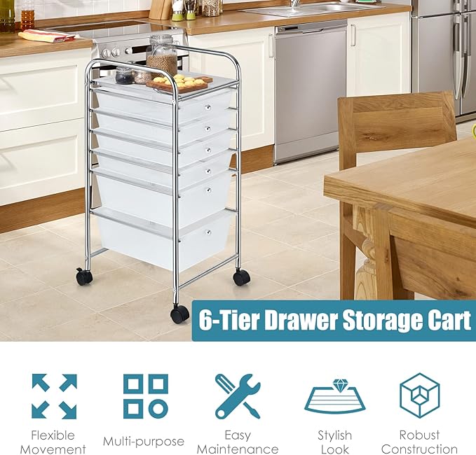 Giantex 6 Storage Drawer Cart Rolling Organizer Cart for Tools Scrapbook Paper Home Office School Multipurpose Mobile Utility Cart (Clear White)
