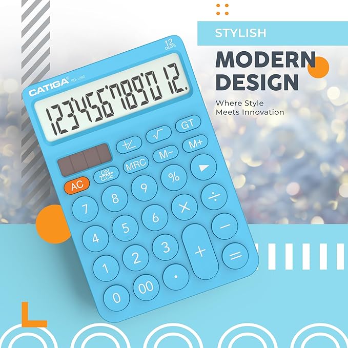 CATIGA 12 Digit Desktop Calculator Basic Desk Calculator with Large LCD Display, Big Buttons, 4 Function, Solar and Battery Dual Power, for Office, School, Home, SD-1292 Blue