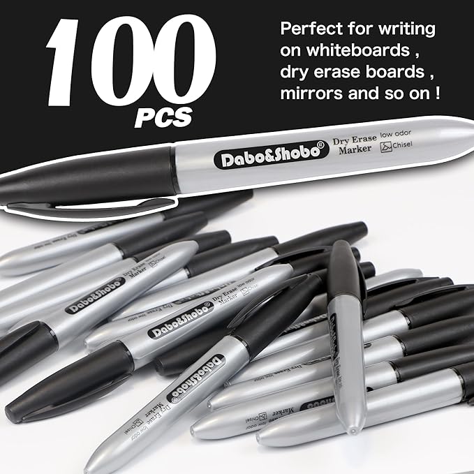 Dabo&Shobo Dry Erase Markers, 100 Count Black Whiteboard Markers, New Barrel Color, Low Odor, Chisel Tip, Suitable for School, Office, or Home