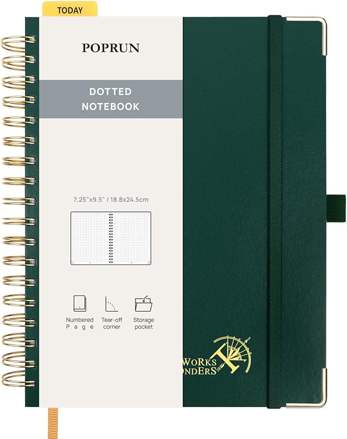 POPRUN Spiral Bullet Dotted Journal Notebook, 7-1/4" x 9-1/2" - 120 GSM Thick Paper, 220 Numbered Pages, Hardcover for Men & Women with Pocket, Index Tabs, 8 Perforated Sheets, Dark Green