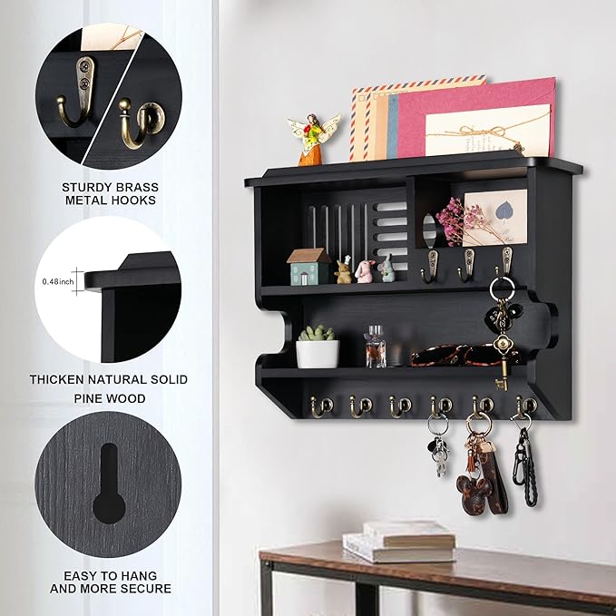Mutsault Key Holder for Wall, Mail and Key Holder for Home Decor, Key and Mail Holder for Wall with Key Hooks, Black