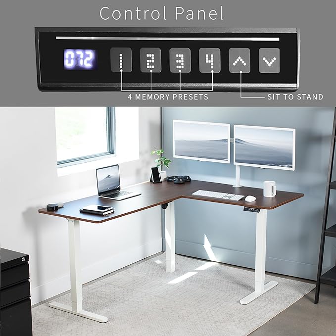 VIVO Electric Corner 63 x 55 inch L-Shaped Standing Desk, Memory Height Adjustment, Dark Walnut Top White Frame, DESK-E3CTWD