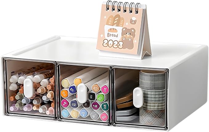 OSteed Desktop Drawers, Desk Organizer with 3 Drawers & Upright Handles, Stackable Plastic Storage Box for Home Collection, Cosmetics, Office Supplies (1 Tall Layer, White & Clear)