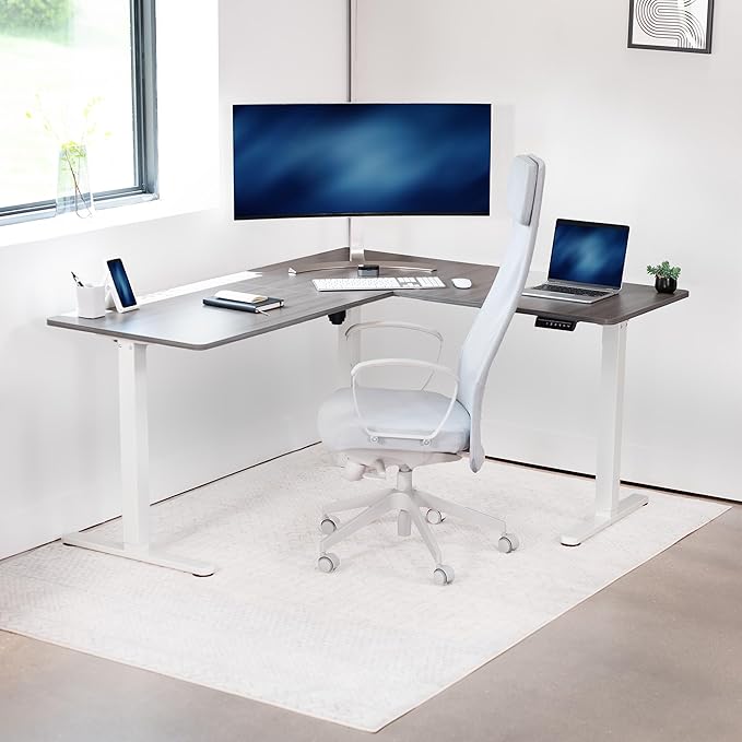 VIVO Electric Corner 63 x 55 inch L-Shaped Standing Desk, Memory Height Adjustment, Dark Gray Top White Frame, DESK-E3CTWG