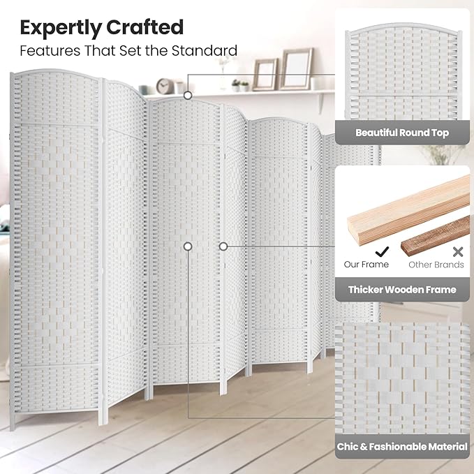 Cocosica Folding Room Divider, Weave Fiber Privacy Screen, Extra Wide Room Screen Divider Separator, Decorative Separation Wall Divider, Freestanding Room (8-Panel)
