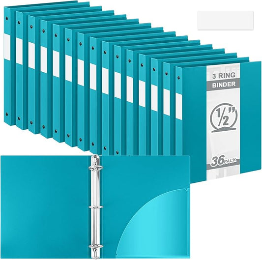 Henoyso 36 Pcs 3 Ring Binder 0.5 Inch Round Fits Letter Size 8.5'' x 11'' Paper Plastic Flexible Binder Bulk Holds 140 Sheets with 1 Pockets Versatile Organizer for Home Office School (Turquoise)