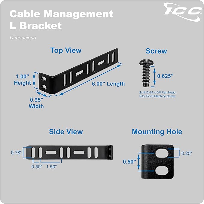 ICC 6” Metal L-Shaped Cable Management Bracket, Vertical/Horizontal, Rack or Wall Mount, Pack of 25 – Cable Organizer for Data Centers and Network Racks