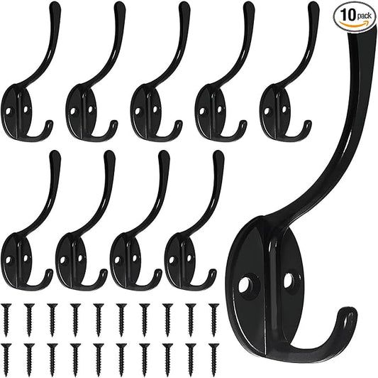 Homanu 10 Pack Coat Hooks Wall Mounted with 20 Screws, Heavy Duty Black Towel Hooks Metal Double Hooks, No Rust Retro Rustic Wall Hooks for Hanging Towel, Coat, Scarf, Bag, Hat, Cup, Key